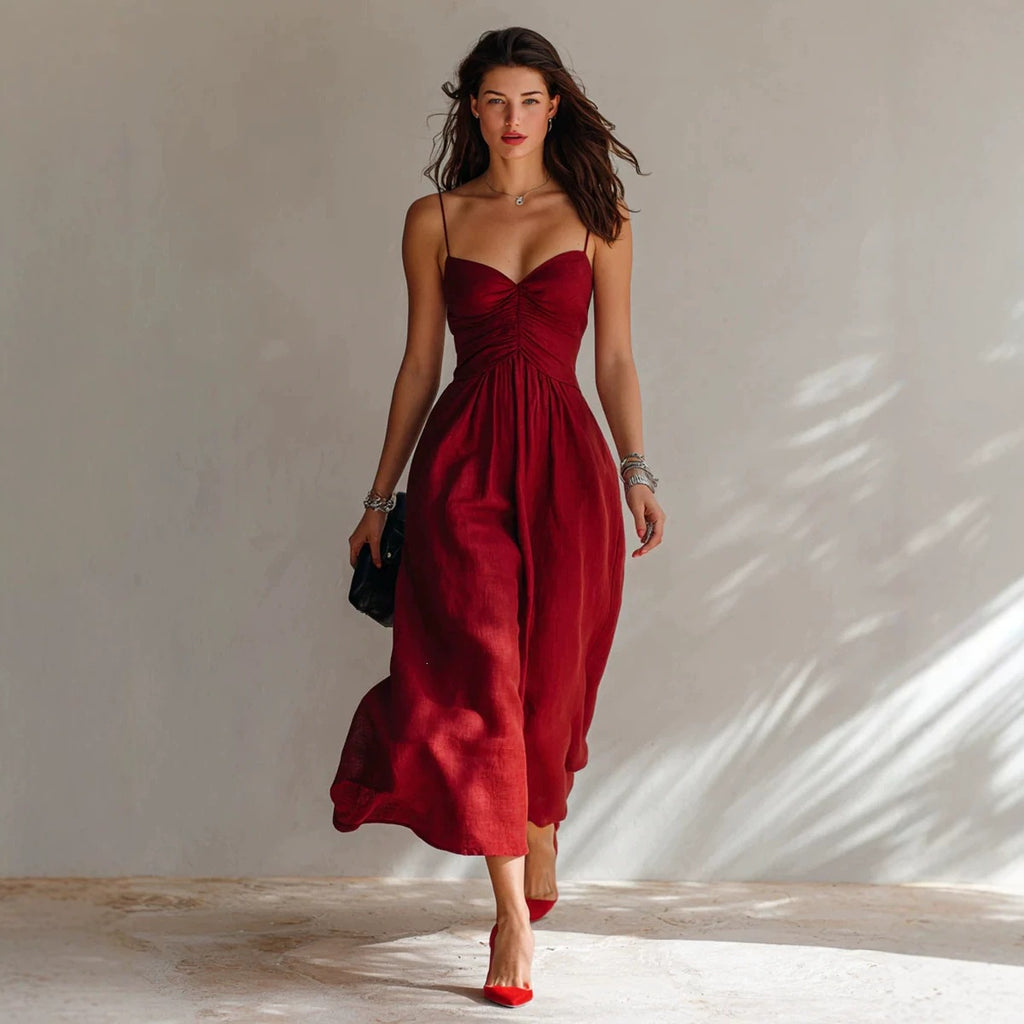 Sommer-Strap-Dress mit Falten in Rot, Schwarz & Weiß