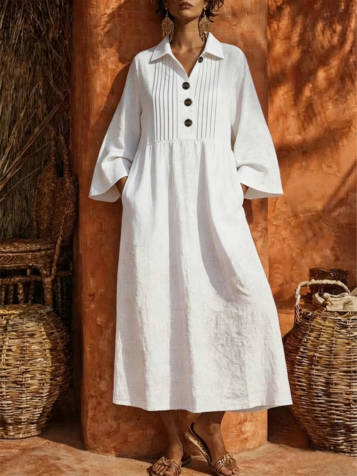 Langes V-Neck Freizeitkleid mit Knopfleiste – Bild 12 | LuxeStyle