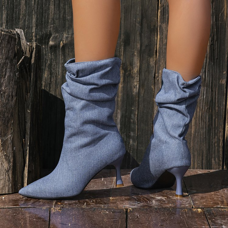 Retro Denim Ankle Boots mit Stilettoabsatz