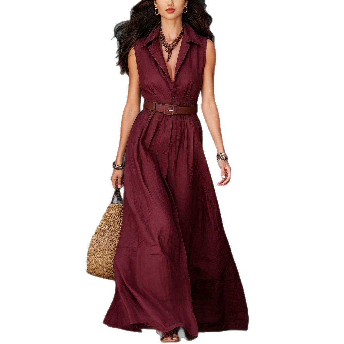 Ärmelloses Hemdkleid mit Revers und Taillengürtel – Bild 7 | LuxeStyle