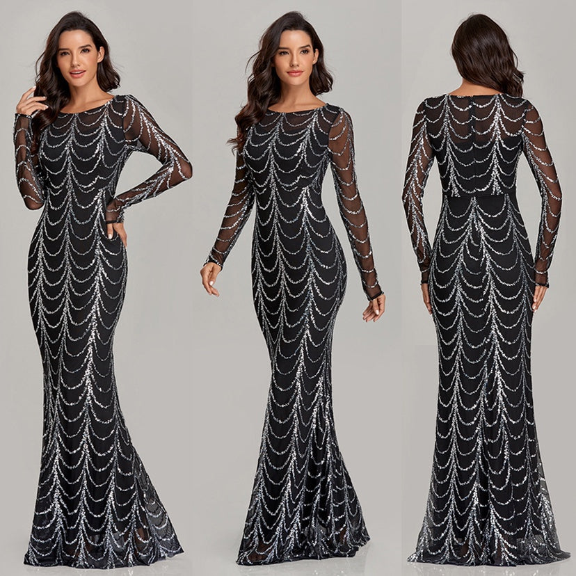 Pailletten Maxi-Kleid mit langen Ärmeln