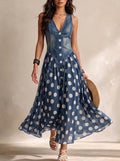 Dunkelblaues Polka-Dot Maxikleid im Denim-Look