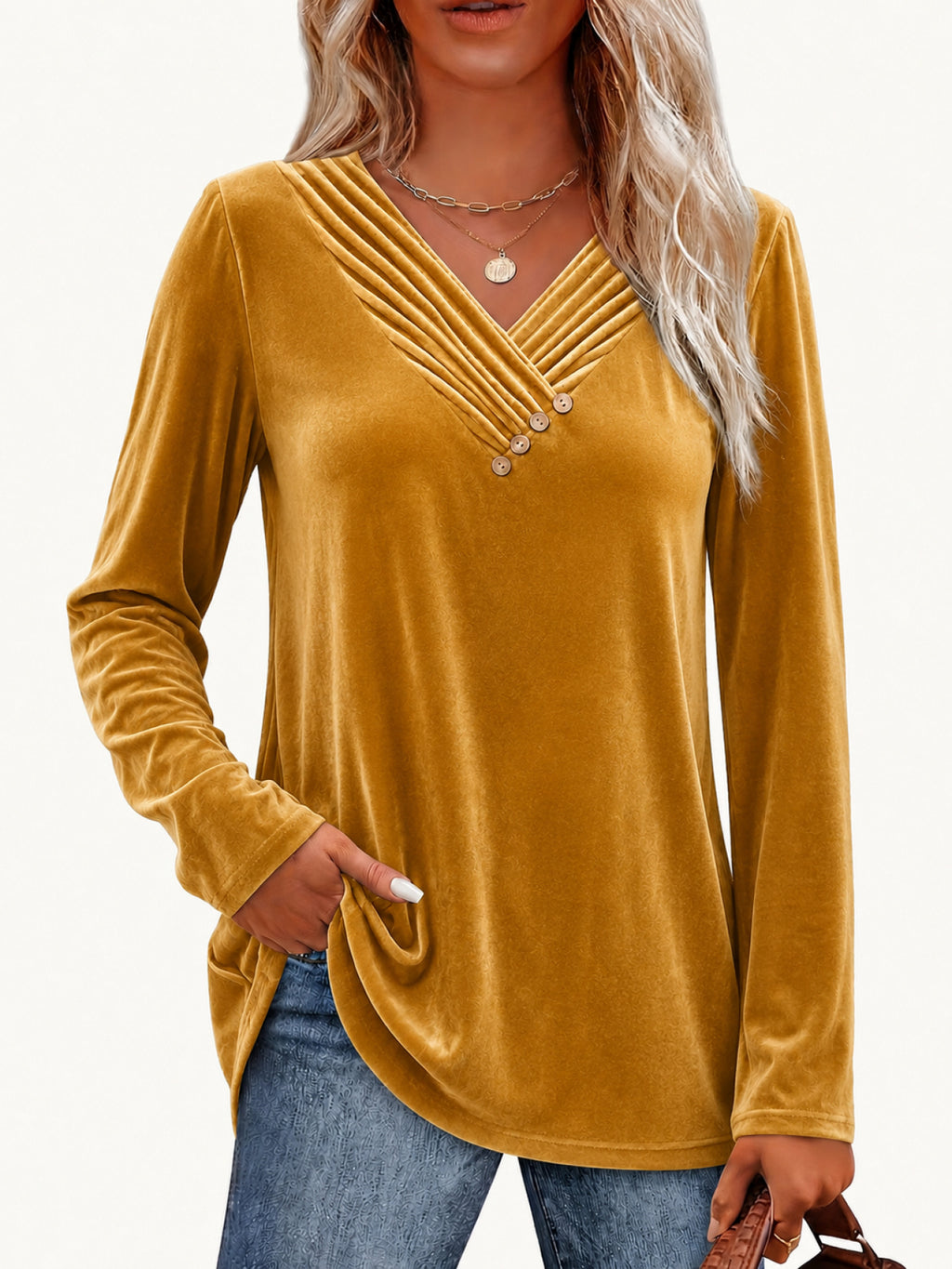 Einfarbiges Langarm-Shirt mit V-Ausschnitt für Damen