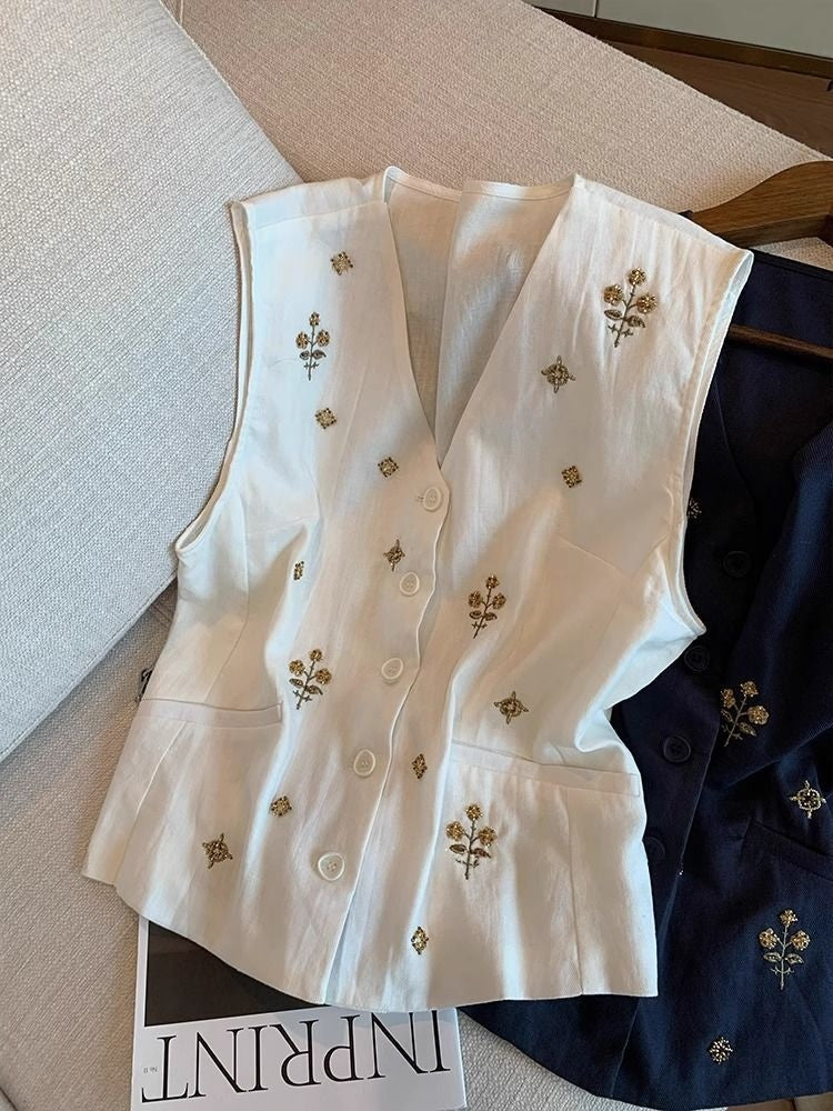 Elegante V-Neck Leinen-Weste