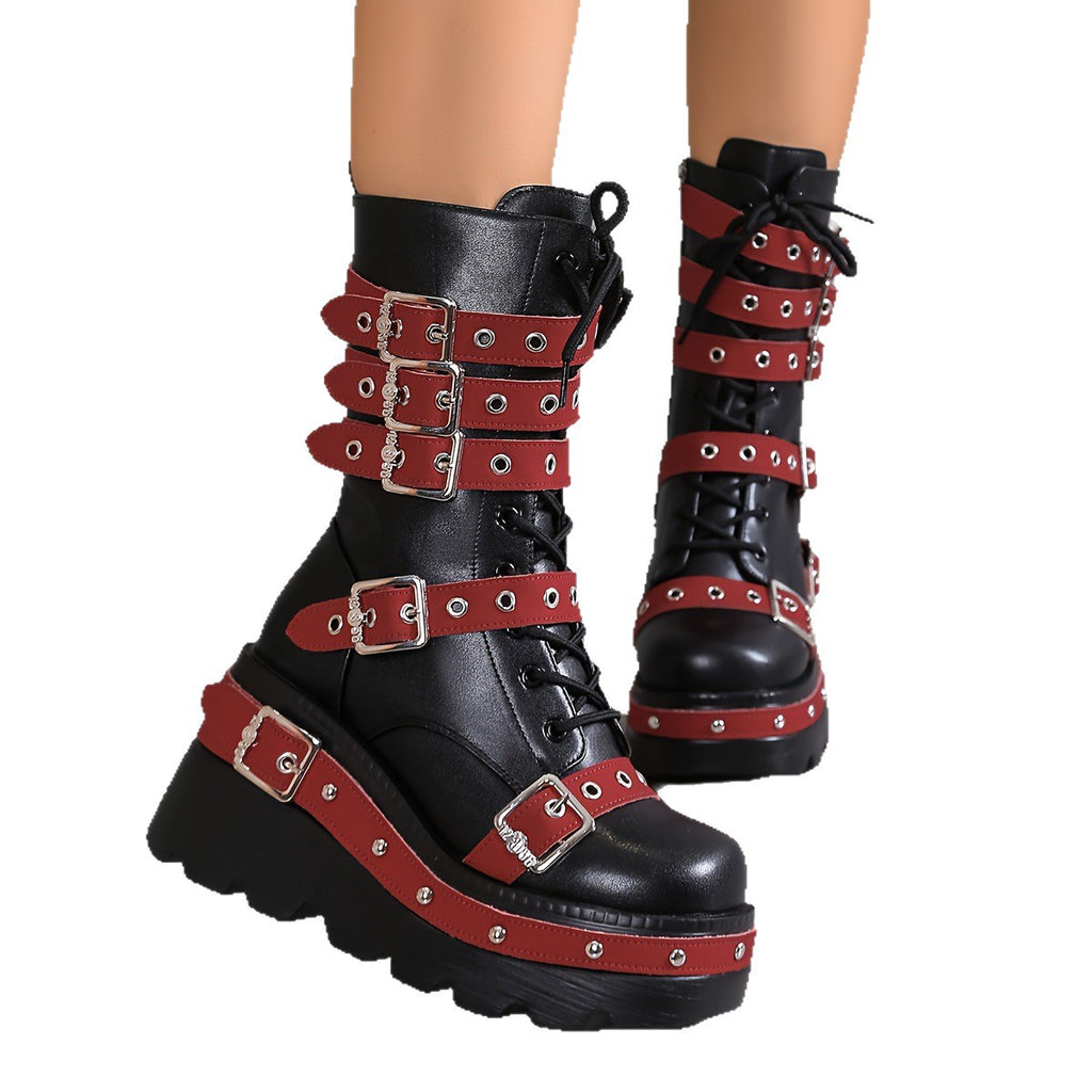 Kniehohe Damenstiefel mit stabilem Blockabsatz, punk-inspiriert und mu
