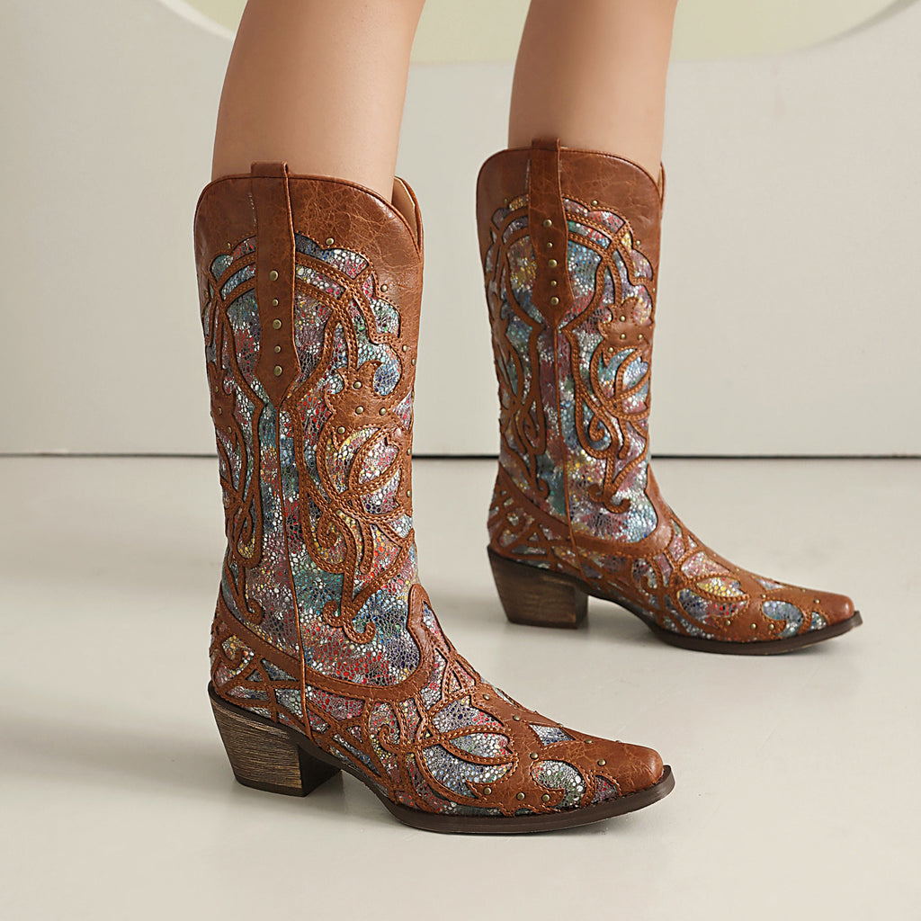 Western-Cowboy-Boots mit Nieten und Chunky-Heel
