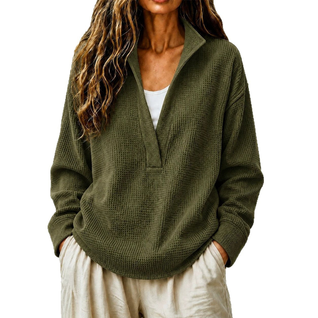 Waffelstrick V-Ausschnitt Langarm-Sweatshirt