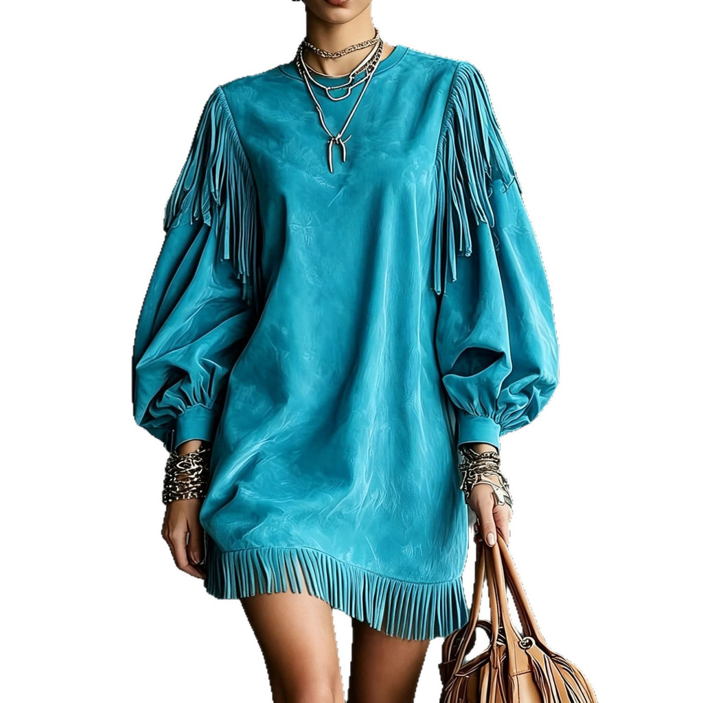 Damen Kurzarmkleid mit Lanternenärmeln und Fransen