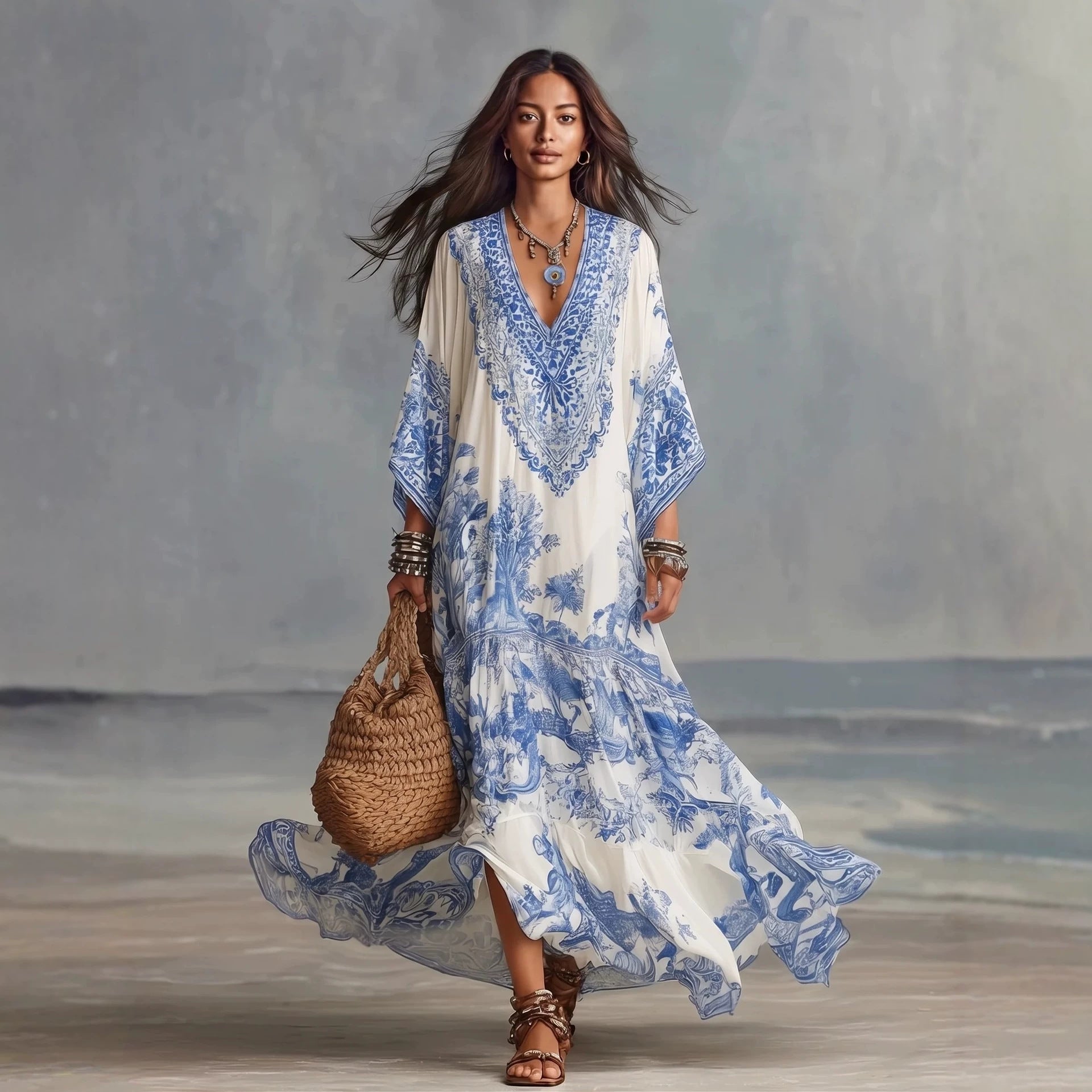 Boho Maxi-Kleid mit V-Ausschnitt und Fledermausärmeln