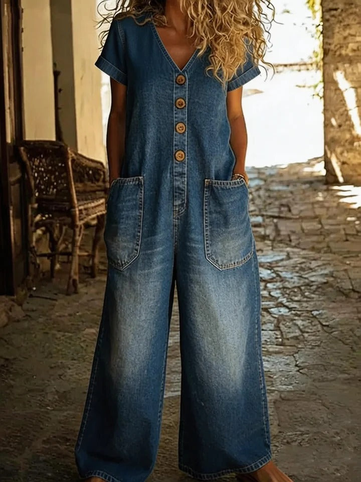 Bequemer Denim Jumpsuit mit weitem Bein