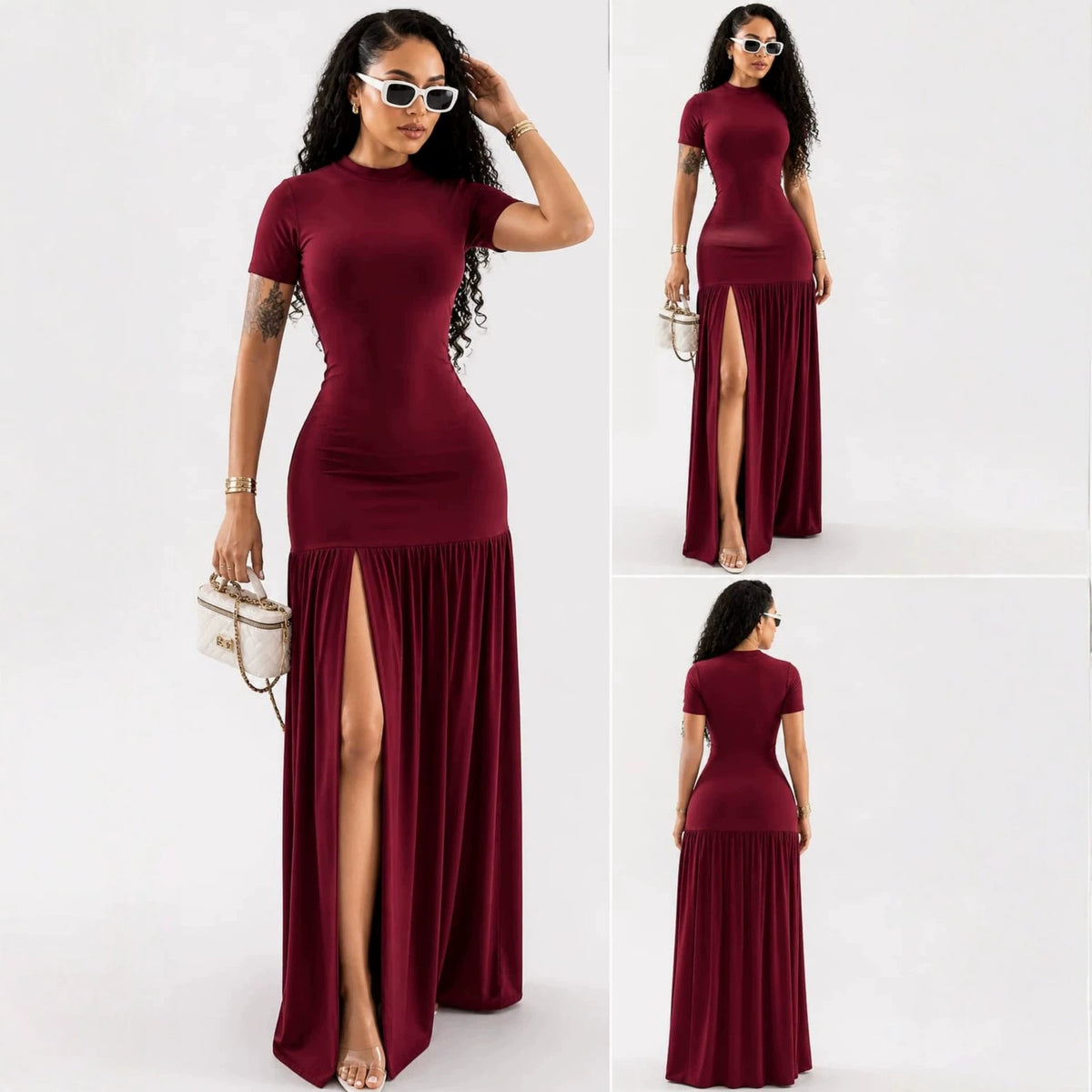Elegantes Slim-Fit Rundhals-Kleid mit Schlitz – Bild 8 | LuxeStyle