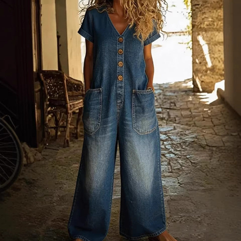 Bequemer Denim Jumpsuit mit weitem Bein