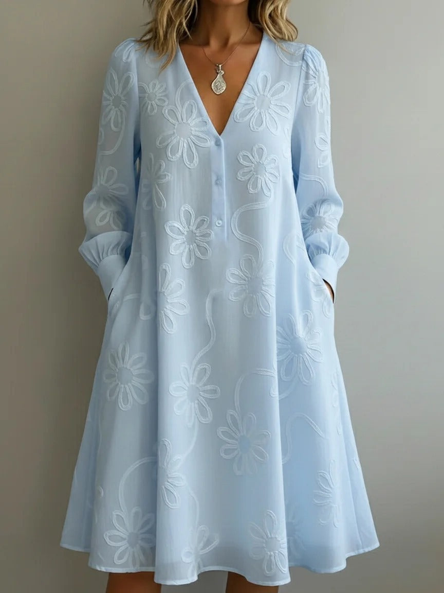 Elegantes Vintage Blumenstickerei V-Neck Kleid