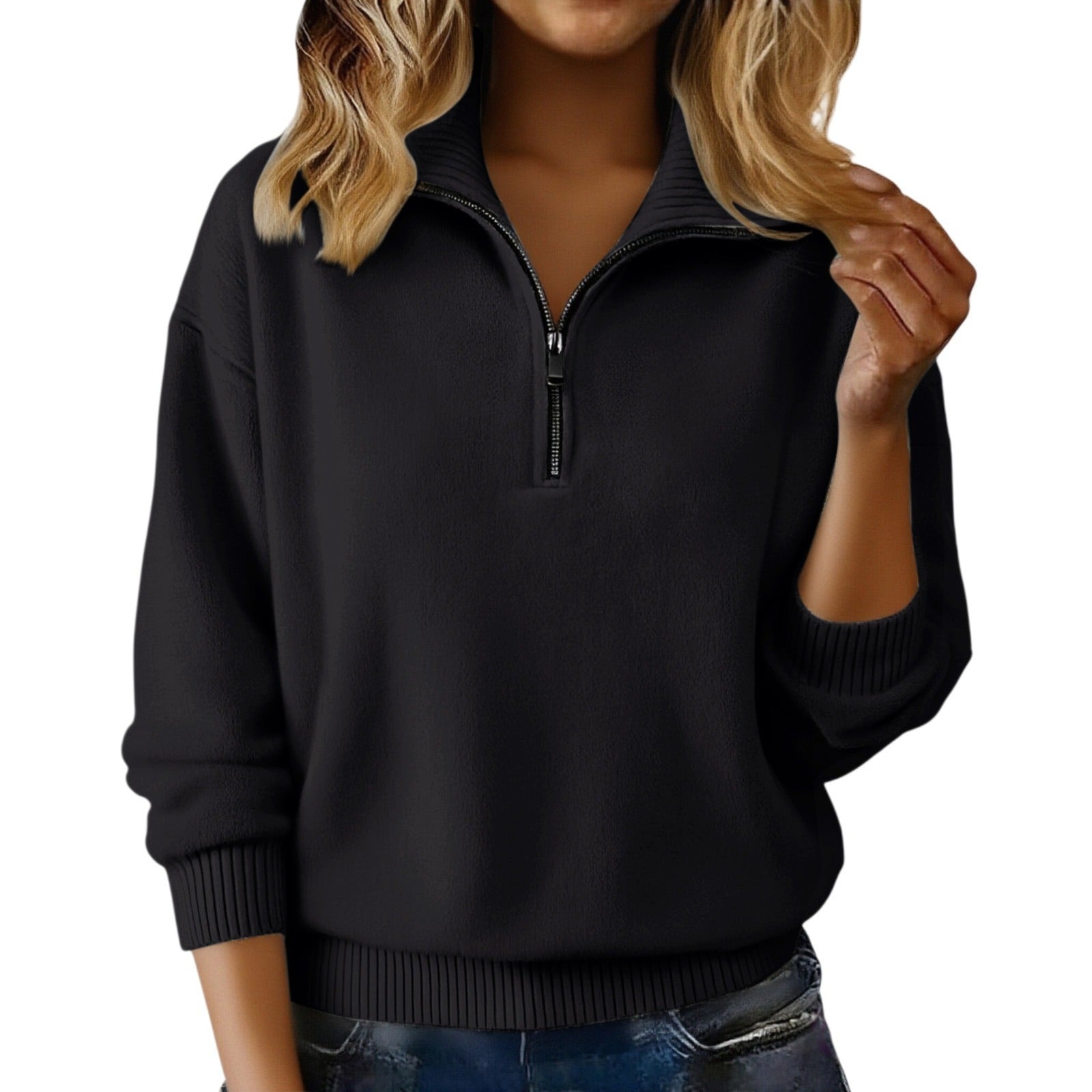 Unifarbener Pullover mit Reissverschluss – Ansicht 2