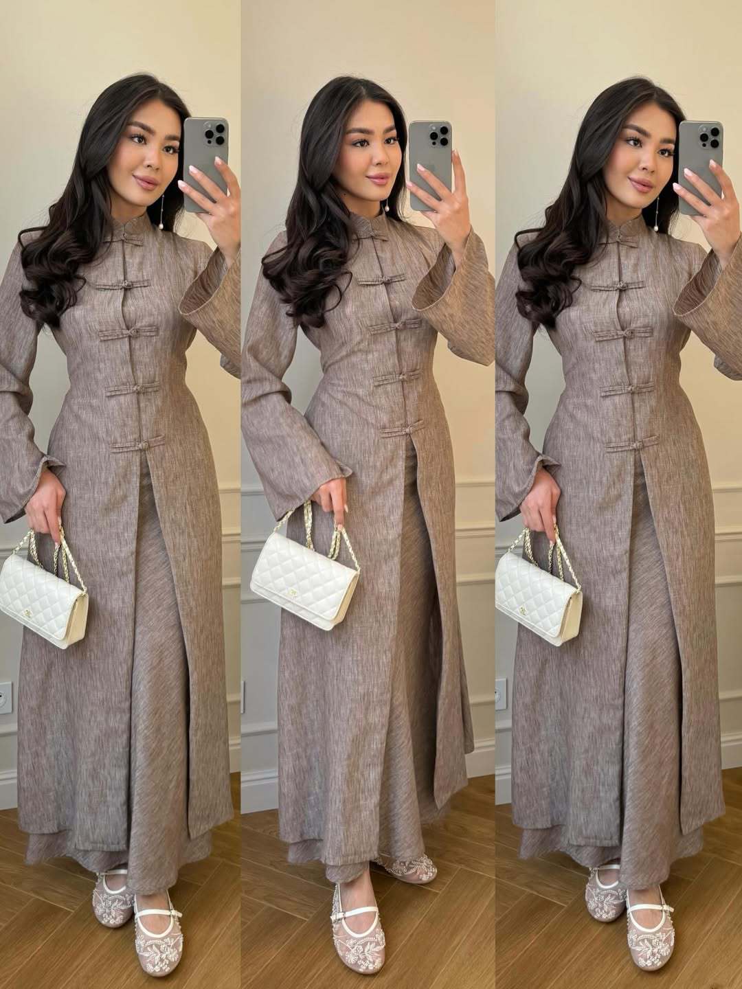 Vintage Langarm-Kleid mit Stehkragen