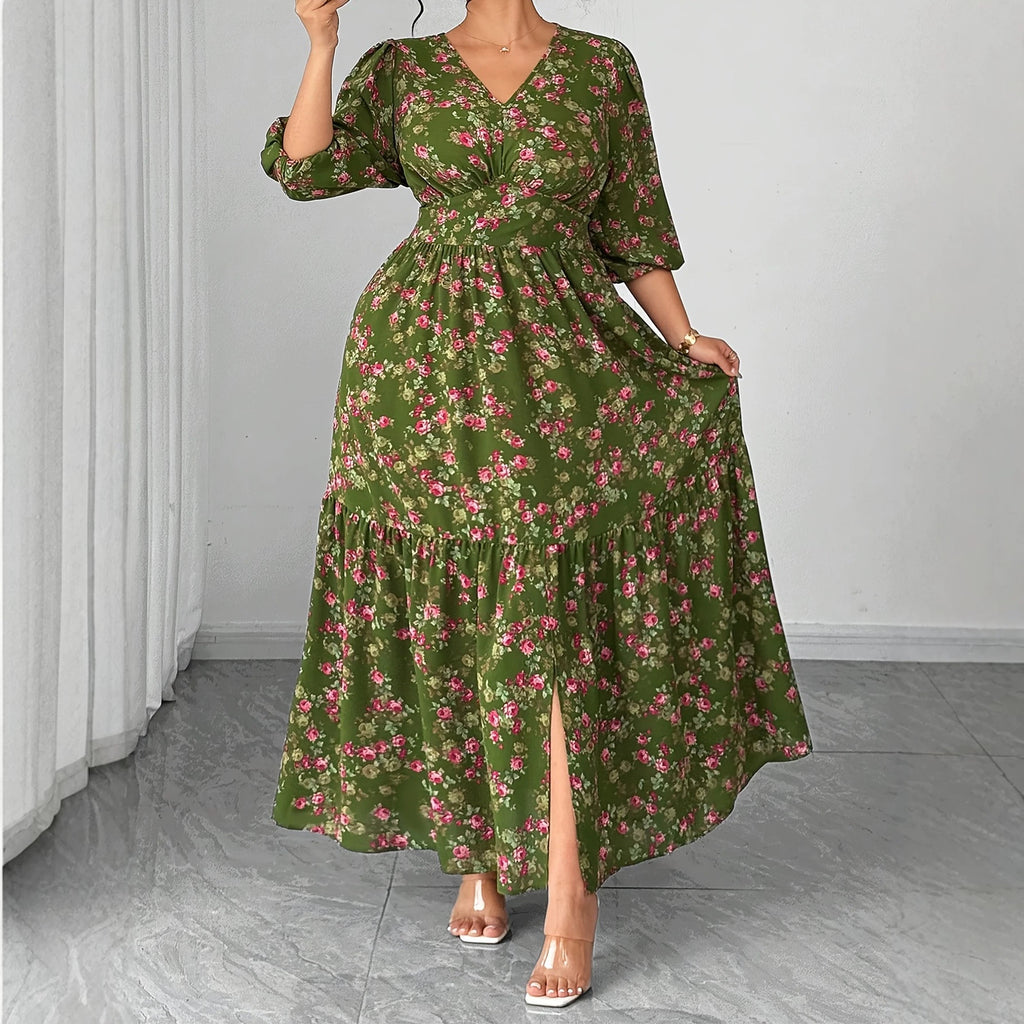 Elegantes V-Ausschnitt Midikleid mit Blumenmuster