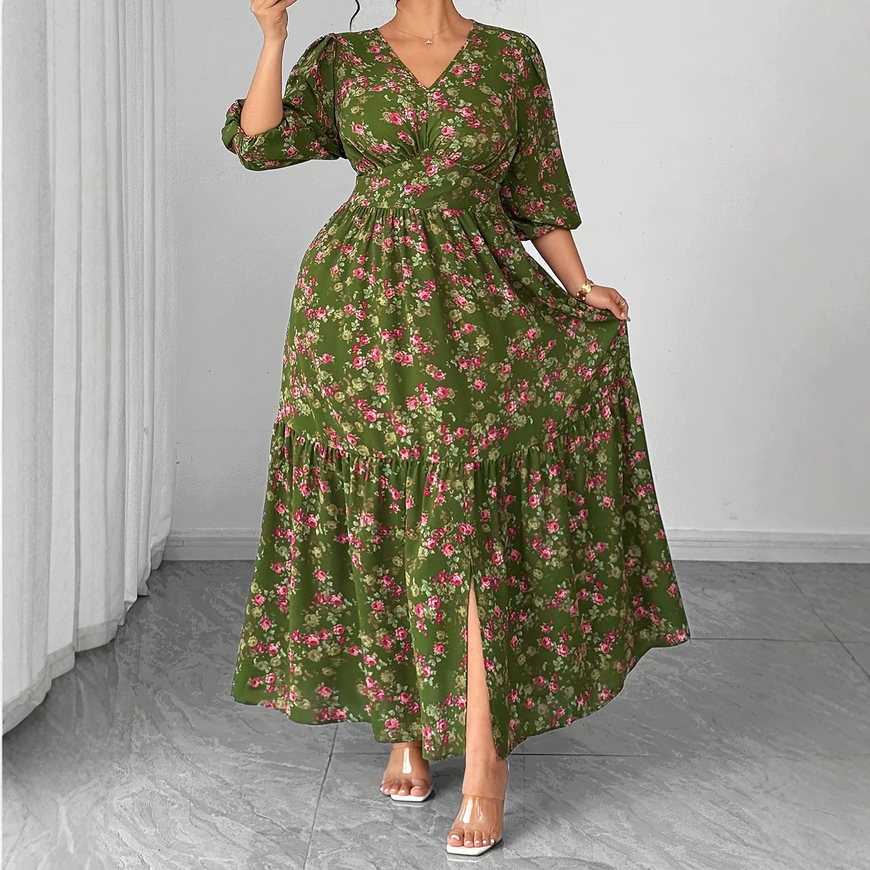 Elegantes V-Ausschnitt Midikleid mit Blumenmuster