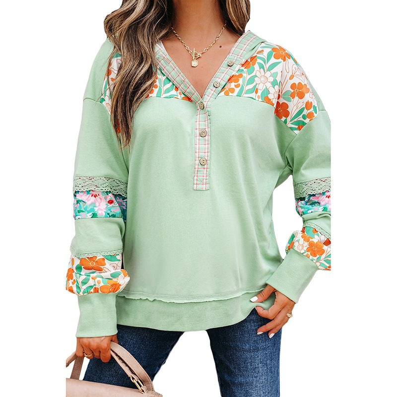 Kapuzen-Langarmshirt mit Blumenmuster für Damen
