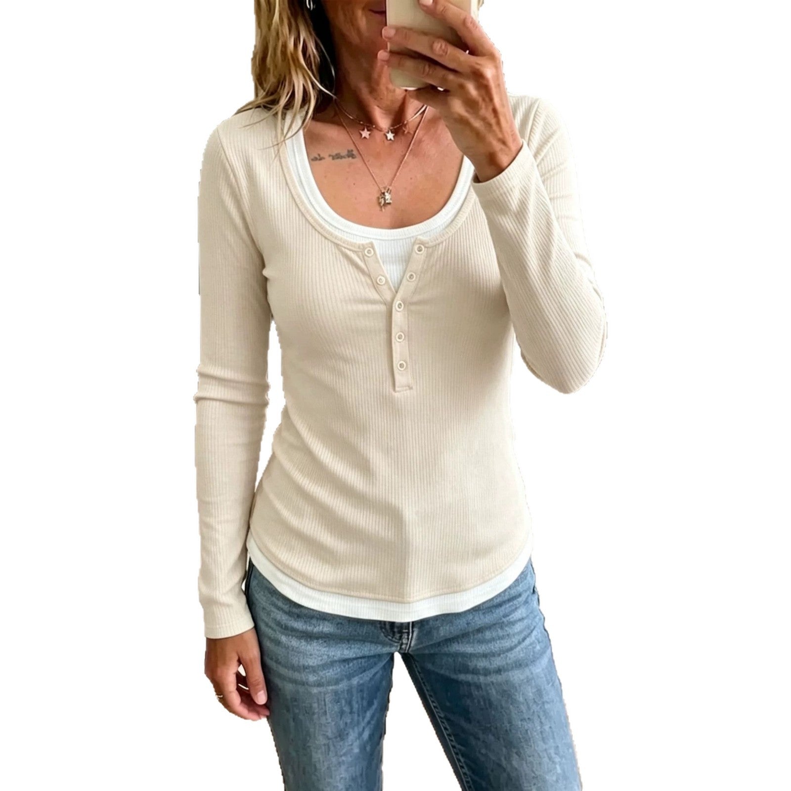 Damen Color-Block Langarm-Shirt mit Slim Fit – 2-Tonig