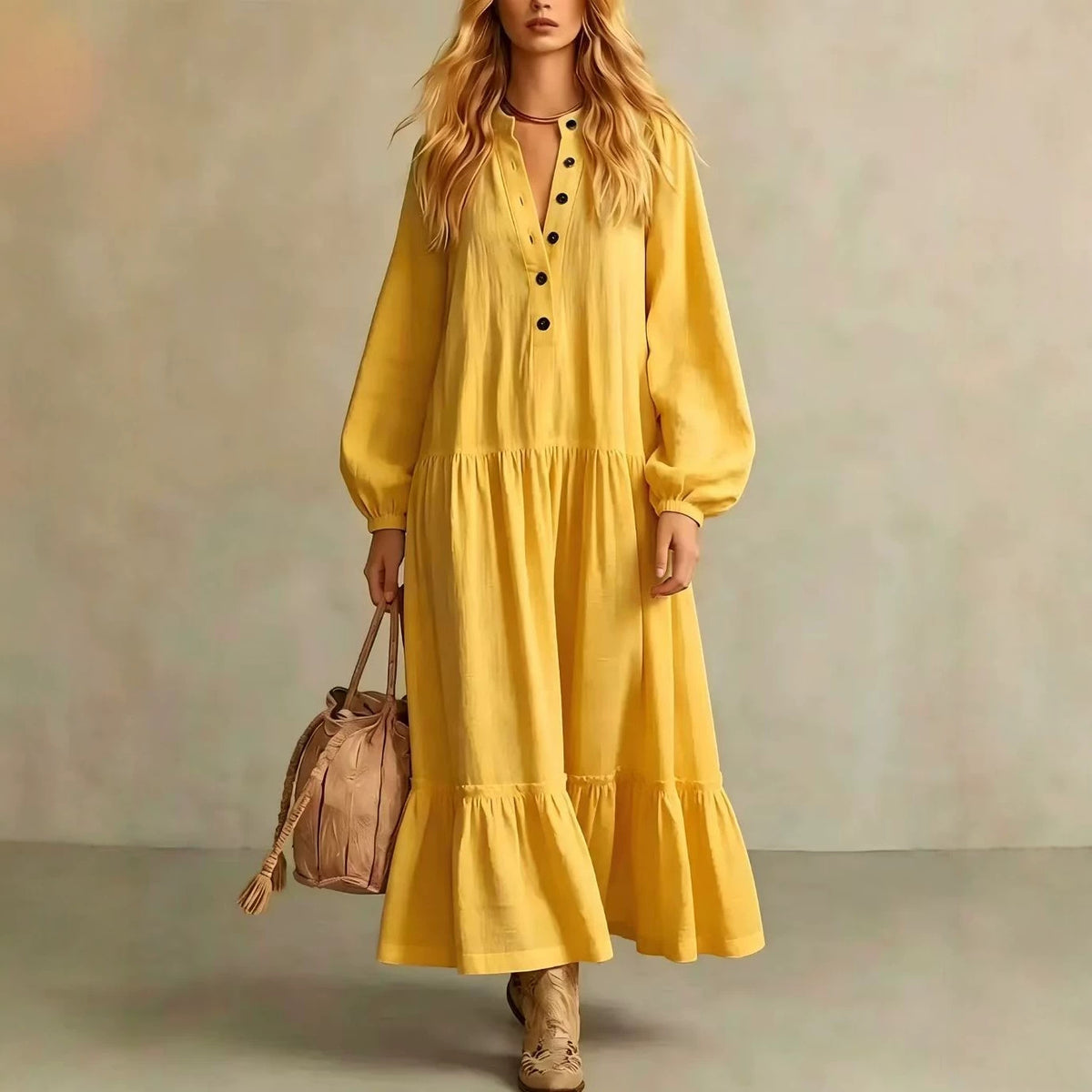 Langes Baumwoll-Leinenkleid mit Stehkragen – Bild 4 | LuxeStyle