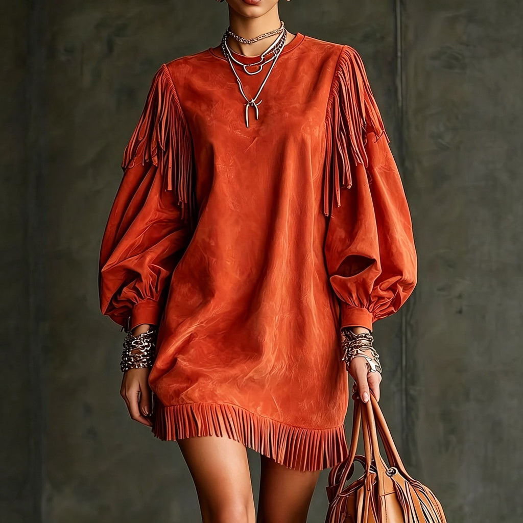 Damen Kurzarmkleid mit Lanternenärmeln und Fransen