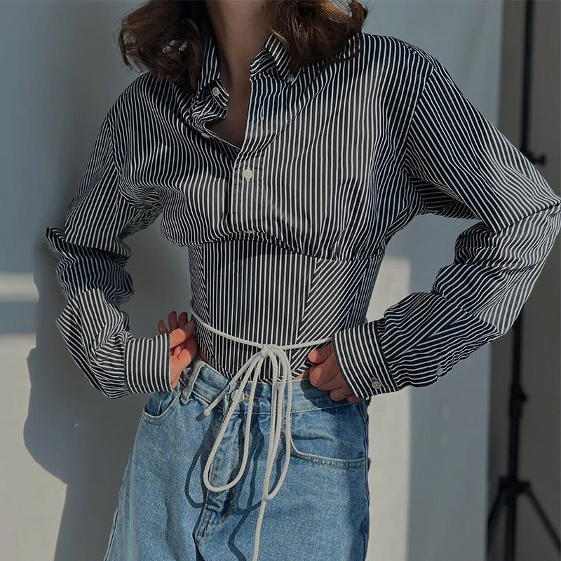 Stripeschulterbluse mit Taille, kurze Länge, lange Ärmel – Bild 3 | LuxeStyle