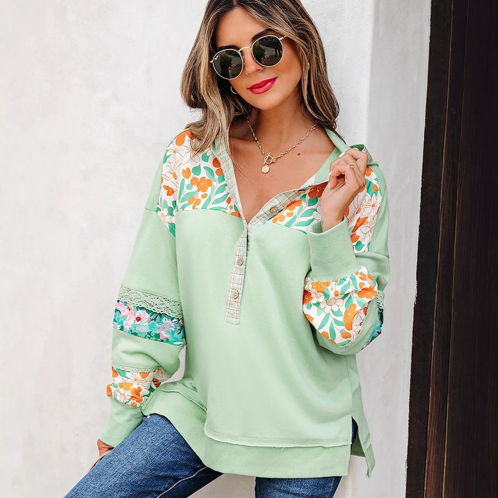 Kapuzen-Langarmshirt mit Blumenmuster für Damen