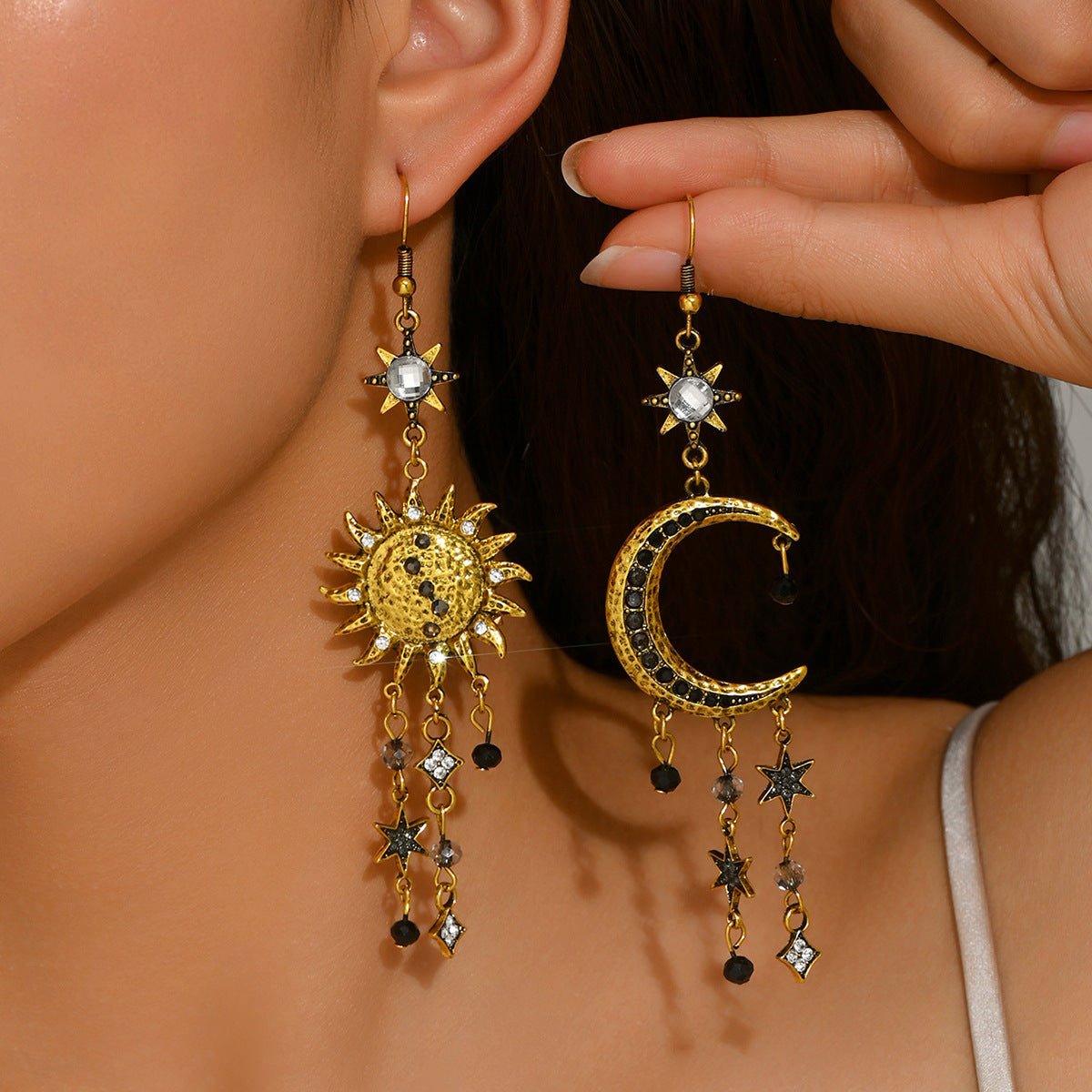 Vintage-Ohrringe Sonne & Mond mit Strass – Ansicht 6