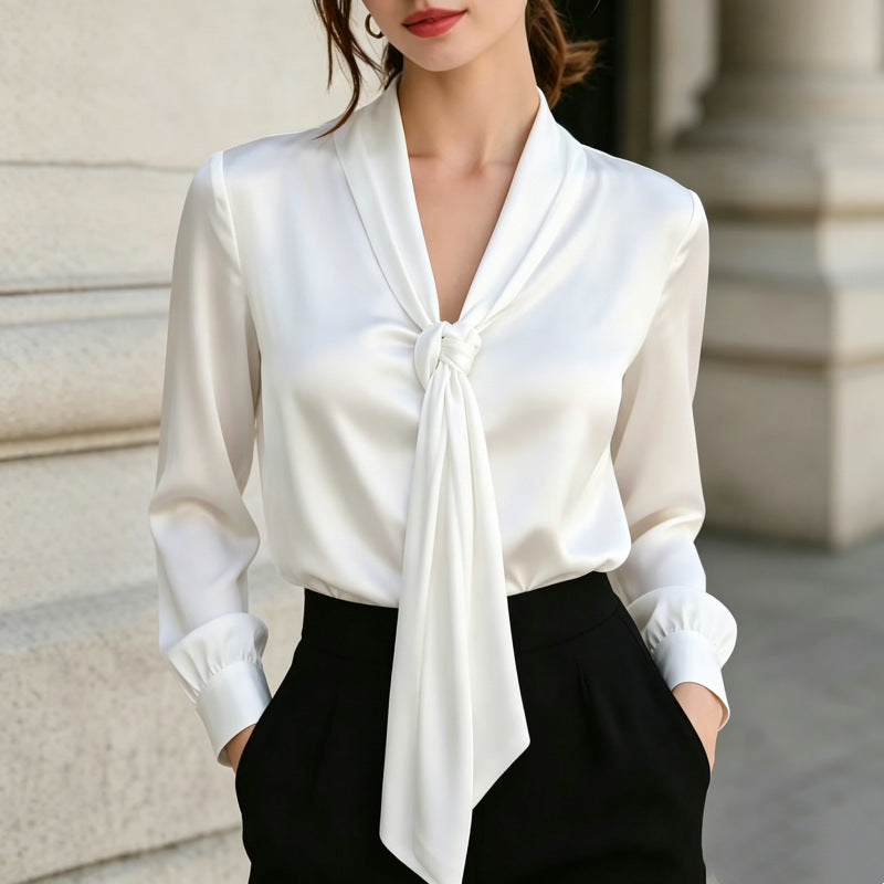 Satin V-Ausschnitt Langarm-Shirt mit Knoten