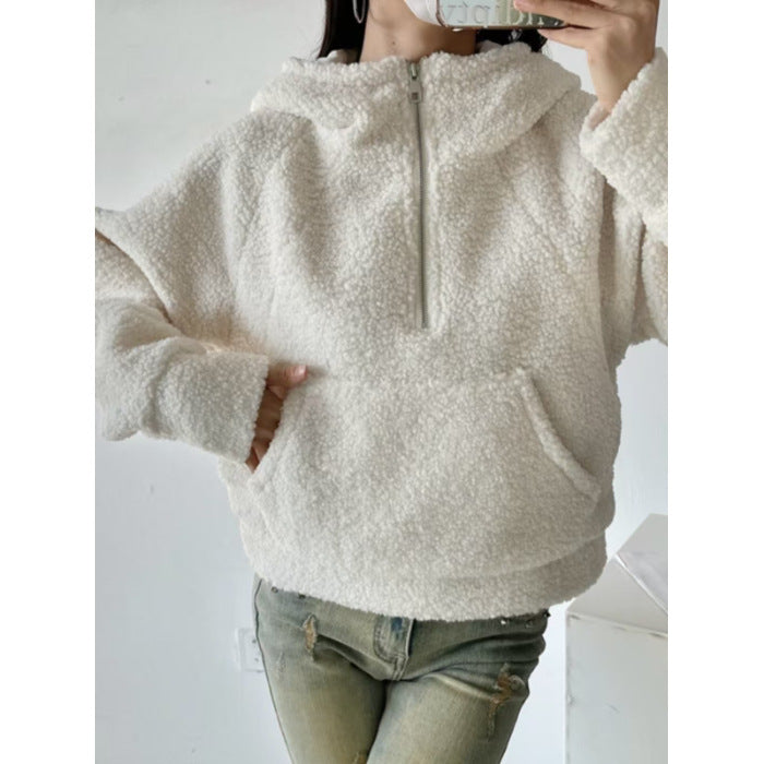 Relaxed Fit Halbzipfel-Hoodie aus Imitat Lammwolle