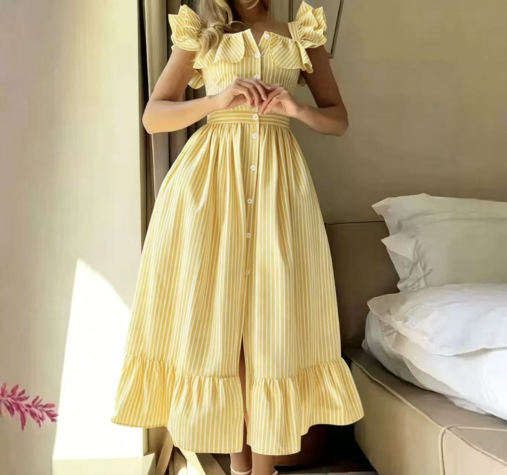 Gestreiftes A-Linien-Kleid mit Puffärmeln