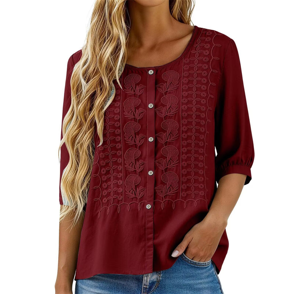 Besticktes V-Neck Shirt aus Baumwoll-Leinen-Mix