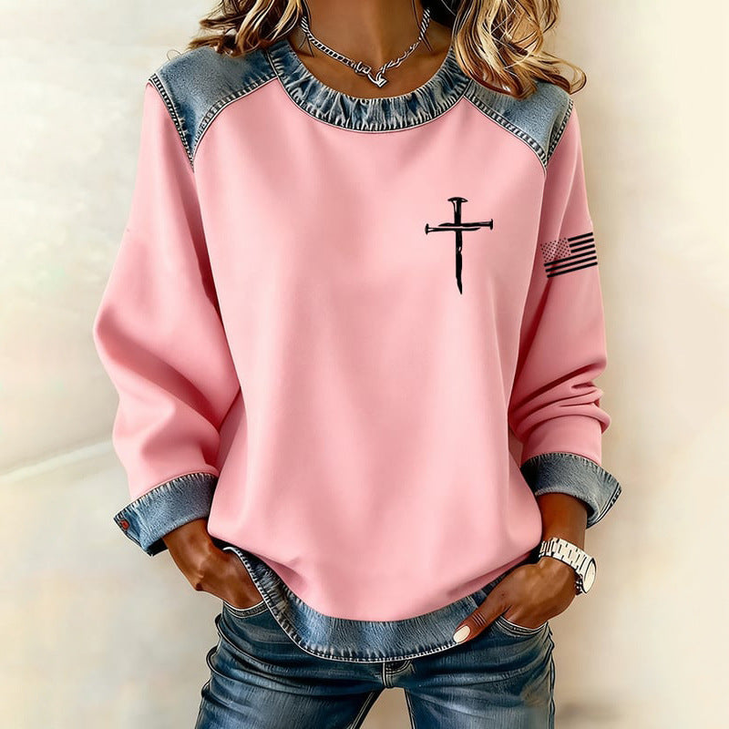 Blumen-Denim-Patchwork Hoodie für Damen