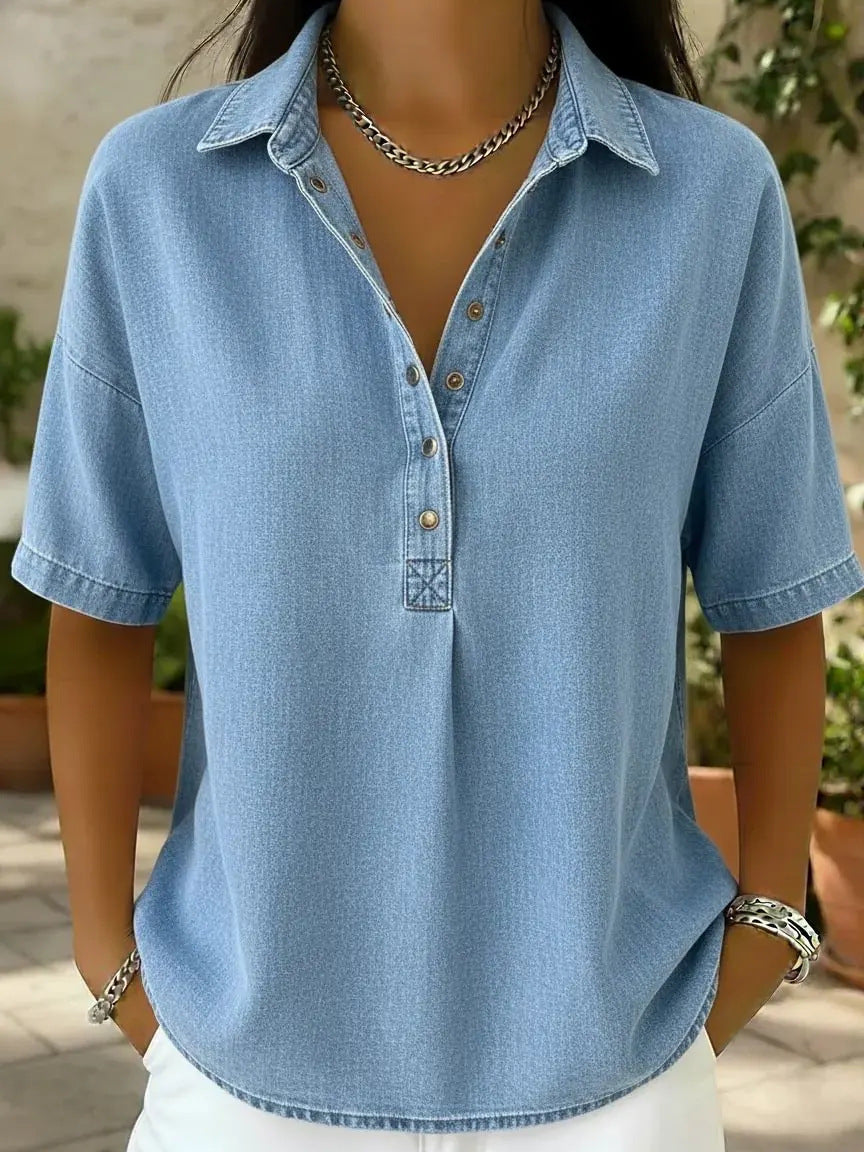 Kurzarm-Polohemd aus Denim für Damen