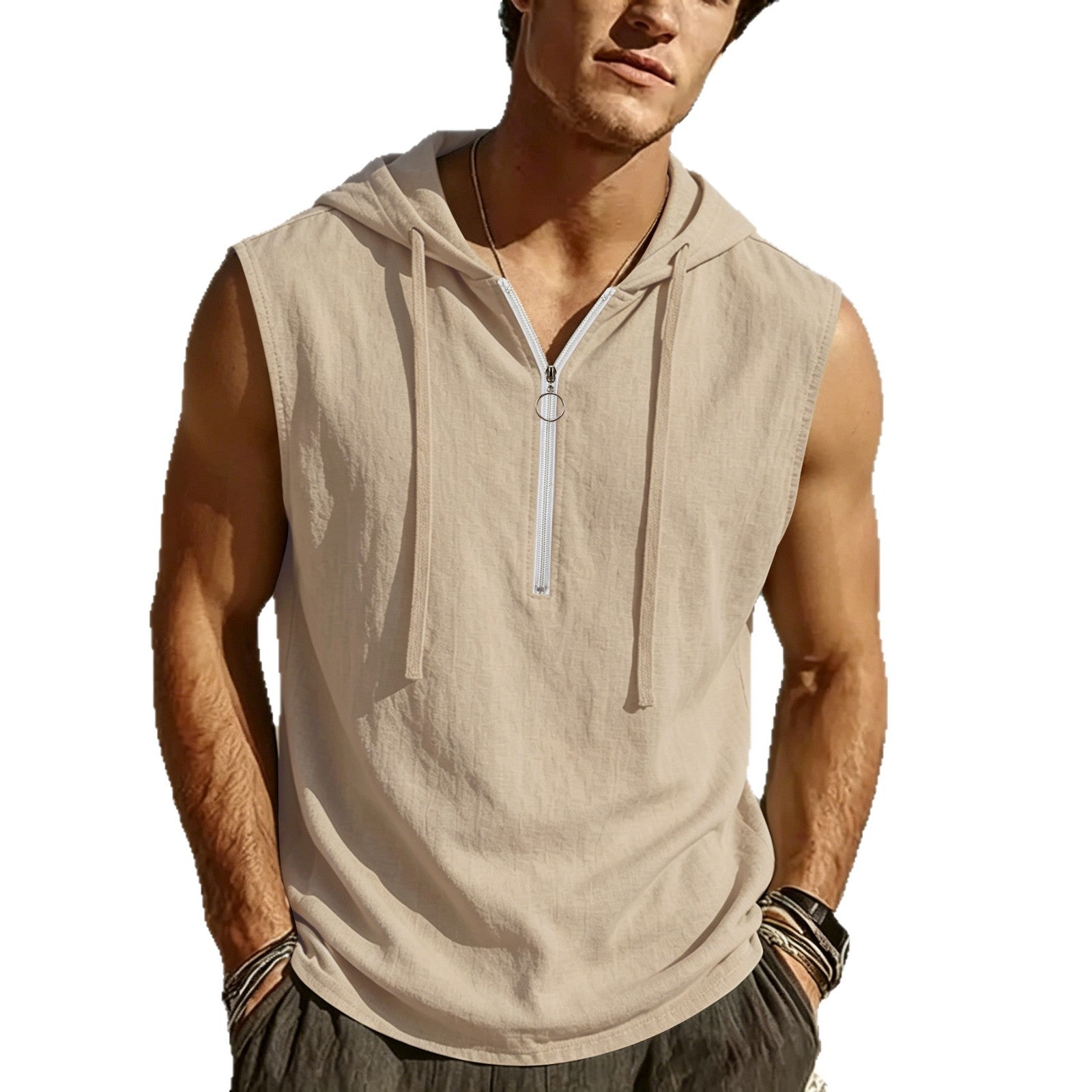 Herren Leinen Hoodie – Ärmellos, Unifarben