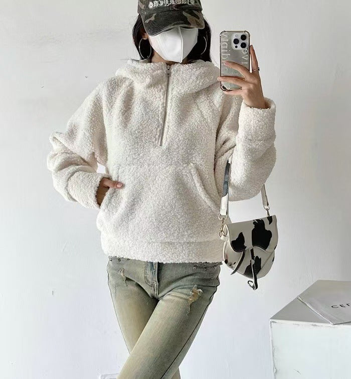 Relaxed Fit Halbzipfel-Hoodie aus Imitat Lammwolle