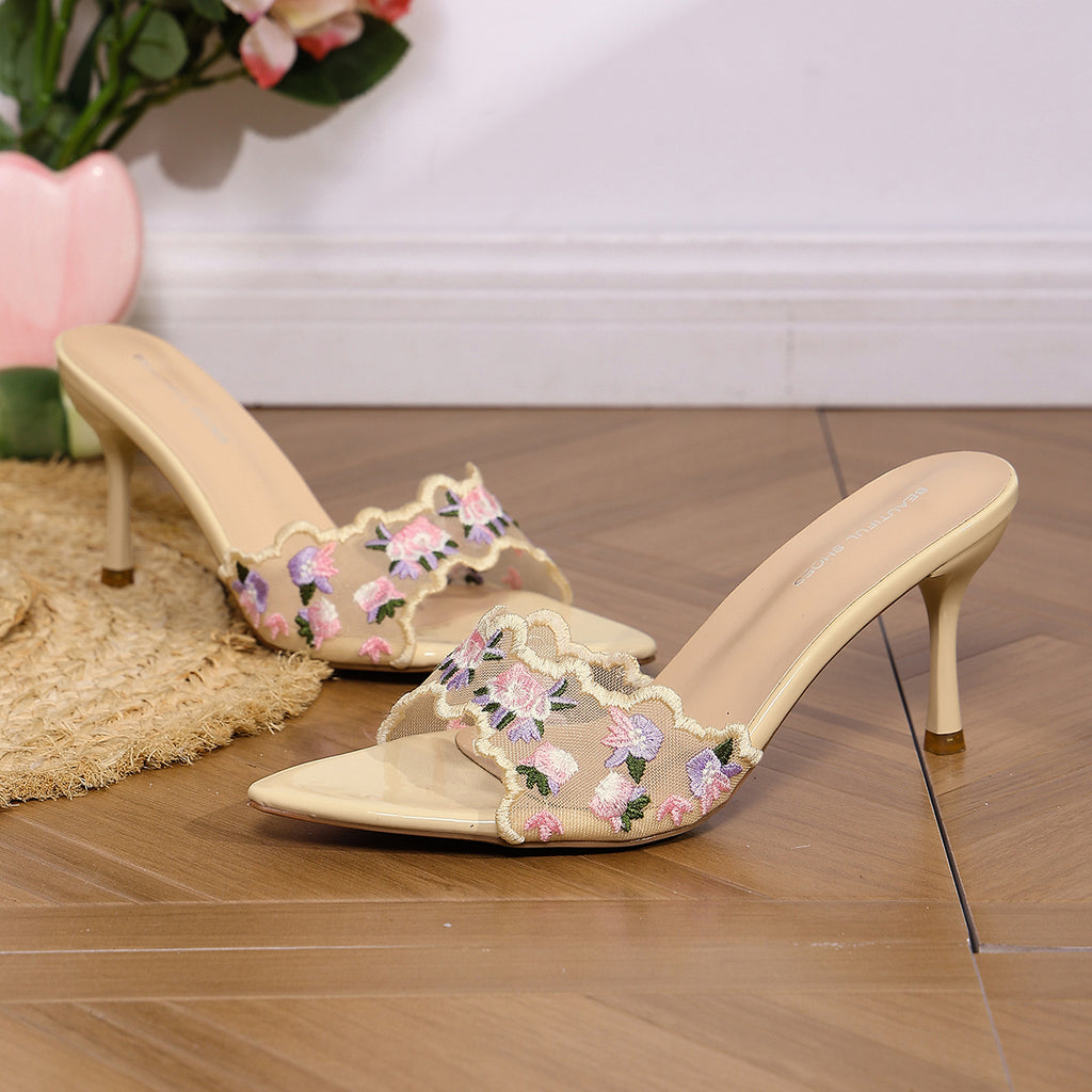 Mesh-Verzierter Peep-Toe-Slide-Sandalen