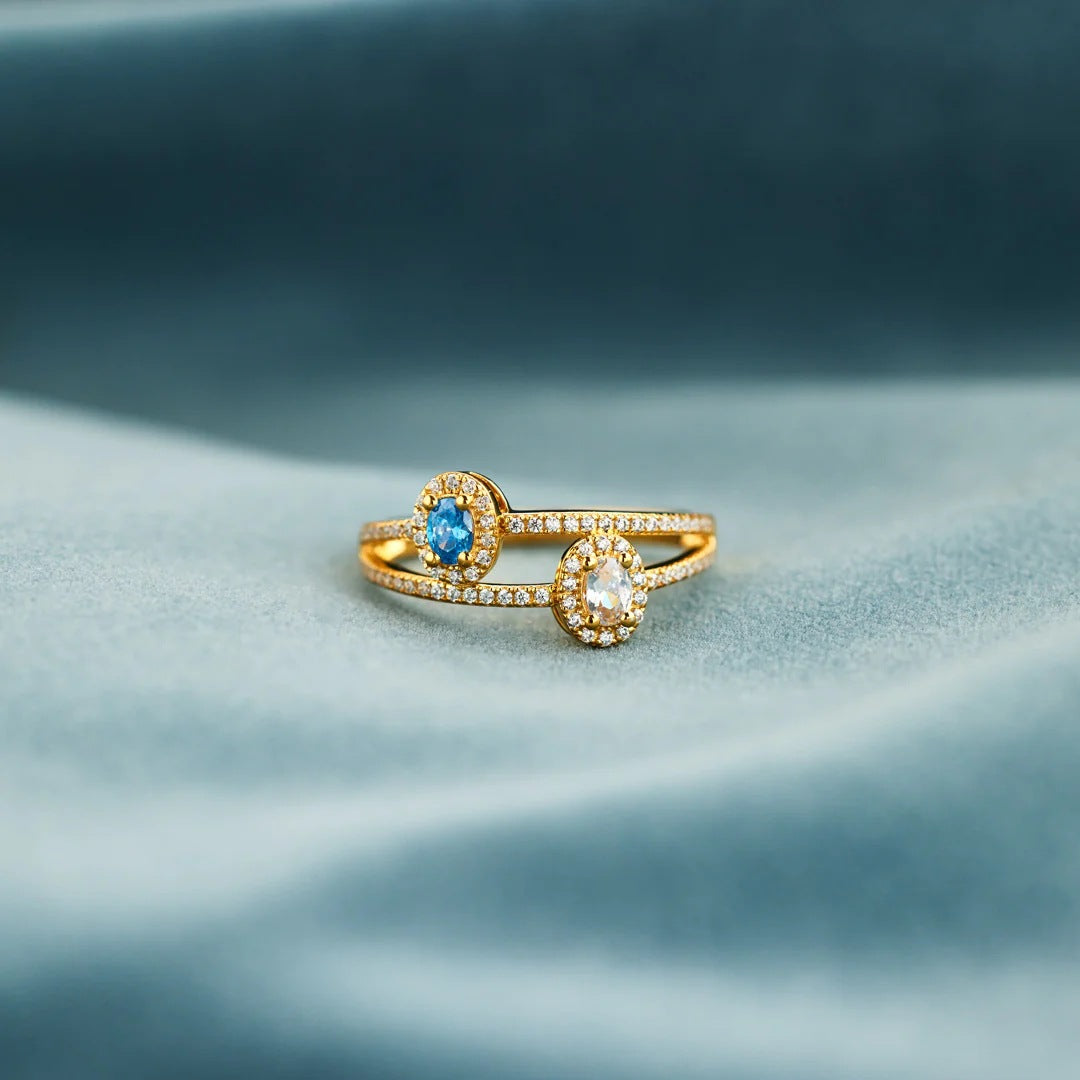 Doppel-Ring «Duo» · S925 Silber mit Zirkonia & Topas-Blau