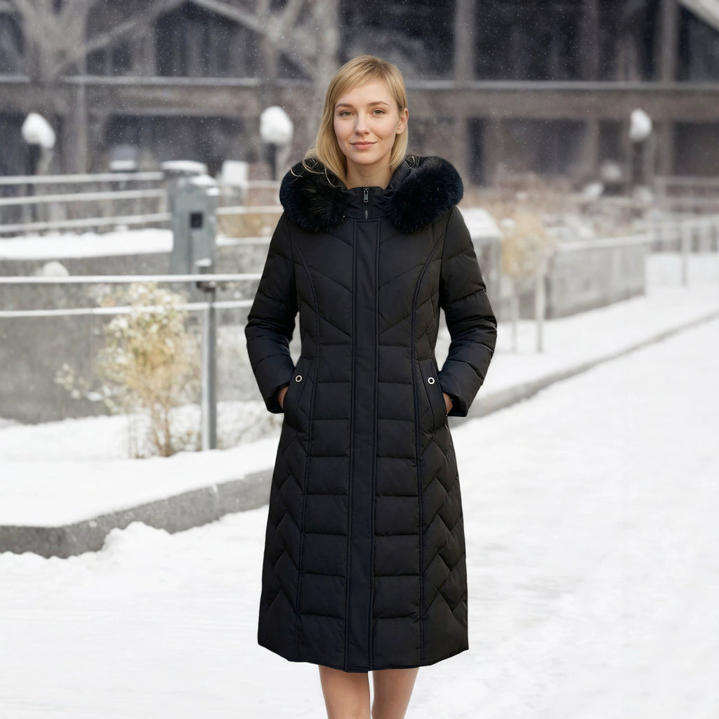 Schwarzer Langmantel mit Fellkragen – Bild 5 | LuxeStyle