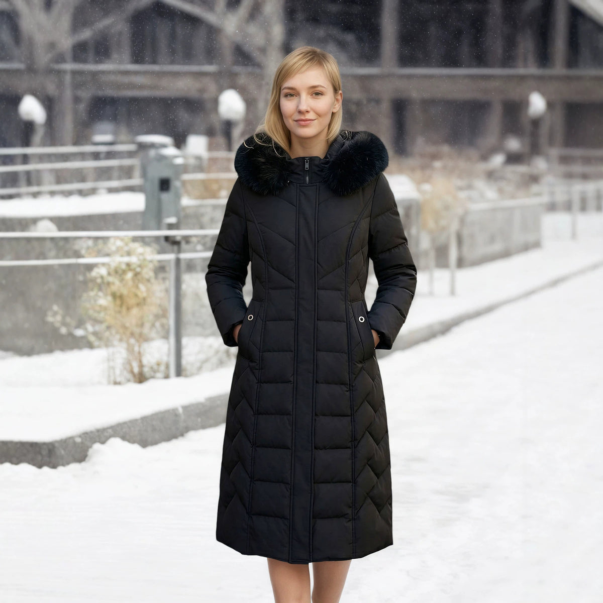 Schwarzer Langmantel mit Fellkragen – Bild 5 | LuxeStyle
