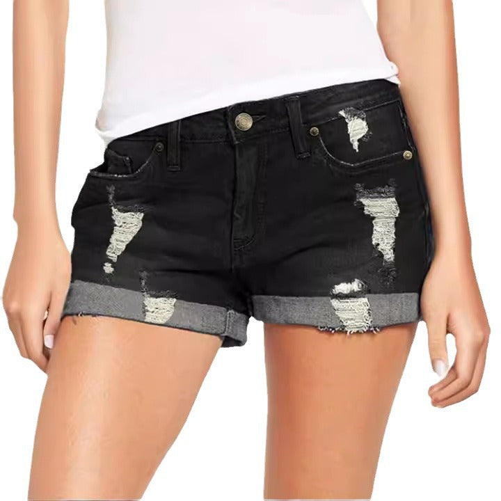 High-Waist Stretch-Denim Shorts mit Rissen
