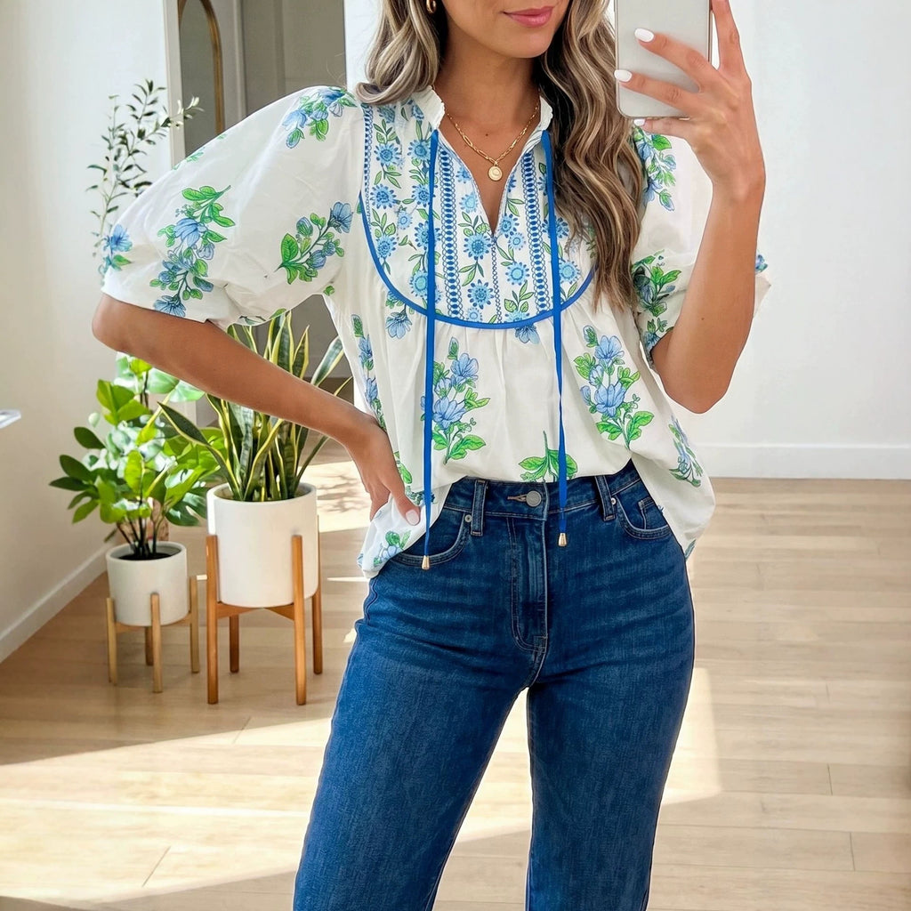 Elegante Bluse mit Laternenärmeln und Blumenmuster