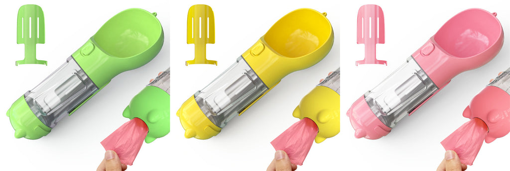 3-in-1 Hunde Trinkflasche mit Futterbox & Müllbeutel