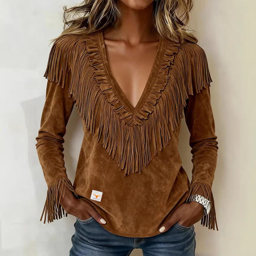 Damenbluse aus Wildlederimitat mit V-Ausschnitt – Bild 8 | LuxeStyle