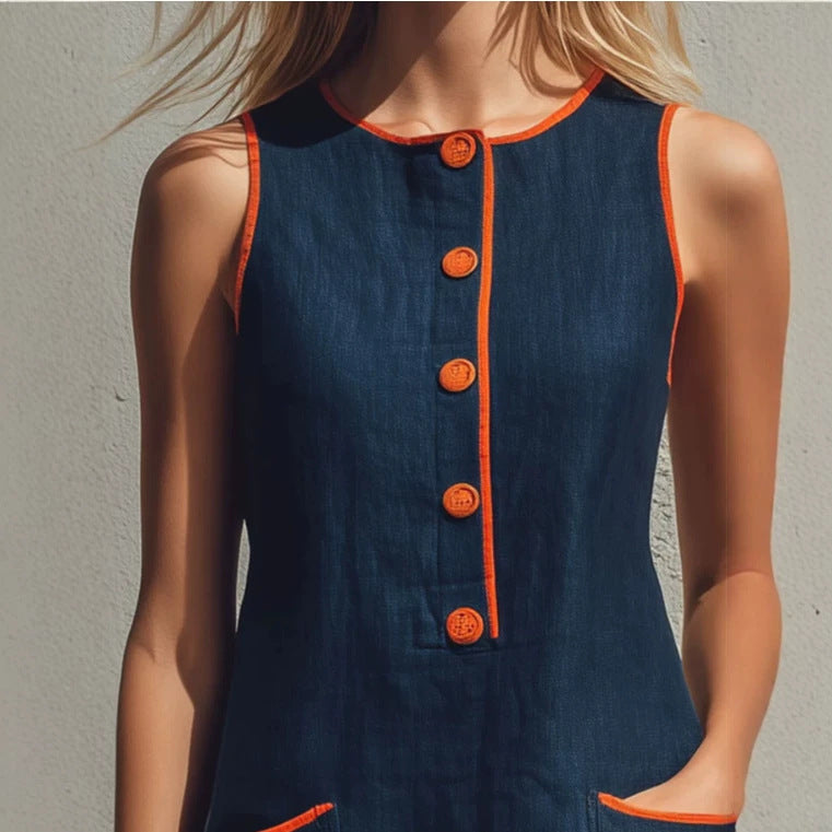 Navy Blue Ärmelloses Rundhals-Minikleid