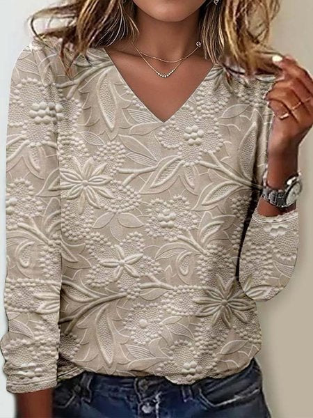 V-Neck Langarm-Pullover mit lockerem Print