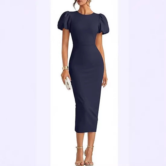 Puffärmel Slim Fit Sheath Kleid Elegant Midi