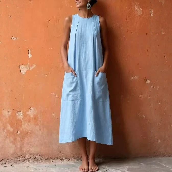 Einfarbiger Kurzarm-Lockerkleid mit Taschen