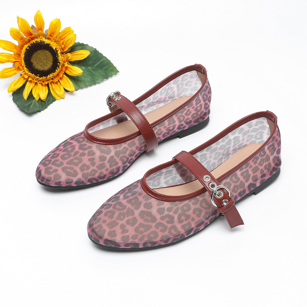 Leopard-Print Mesh Ballerinas