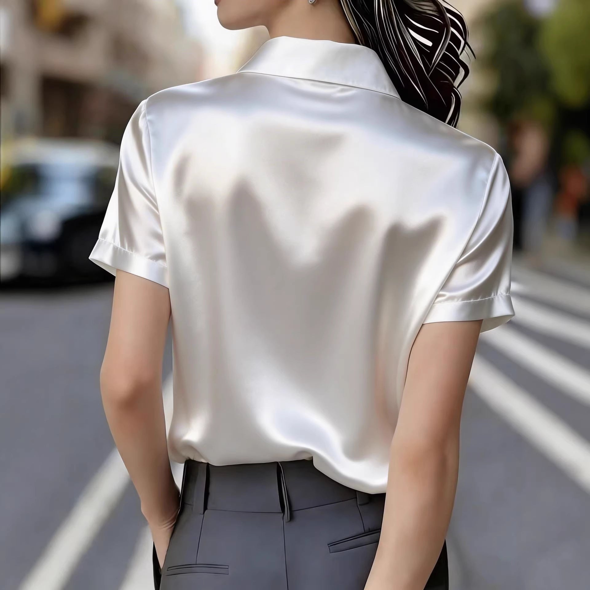 Elegante Satin-Bluse mit Kurzarm und Doppeltaschen